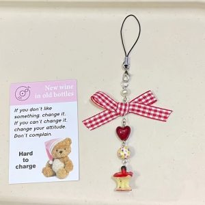 Checkered Gingham Ribbon Keychain with Red Heart and Apple Charms, ABS Keyring Accessories, Cute Fresh Style Smartphone Lanyard Strap, Unique Handmade Hanging Decoration ?C Pack of 1