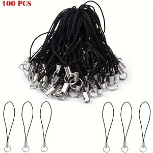 100pcs Cell Phone Straps Charm Cords Black FSilvery Tone Split Ring