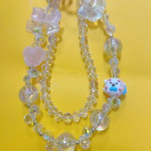 Crystal Waterfall Beaded Necklace with Bow, Heart, and Cartoon Charm - Phone Chain Accessory