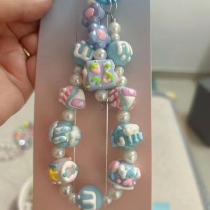 Mobile Phone Chain + Connection Buckle Acrylic Hand-painted Round Bead Ornament Light Blue Beaded Sweet Creative Graffiti Cute Versatile Pendant Bracelet